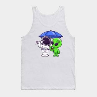 Cute Astronaut And Alien Standing Under Umbrella Cartoon Tank Top